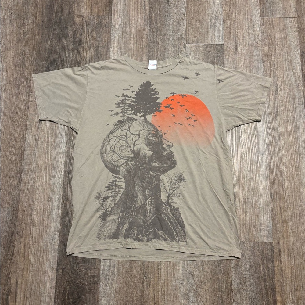 Junk Food Clothing Faded Green Tee with Orange Sun and Black Illustration